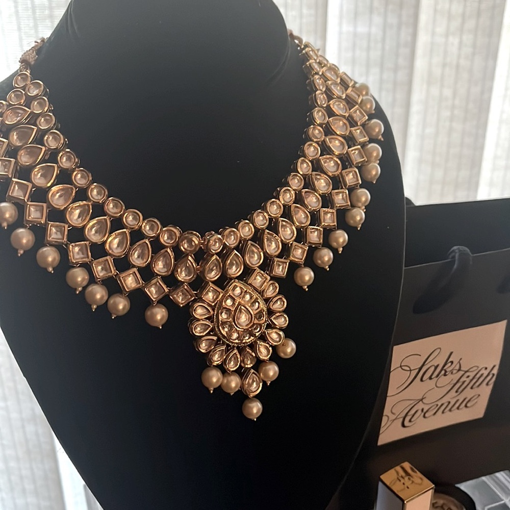 CHOKER necklace. Estate Indian design Pearl and Diamond choker. Enamel back.
